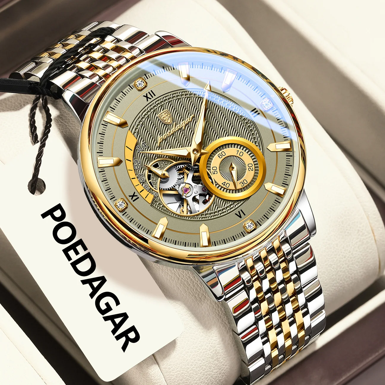 Zegarek męski automatyczny POEDAGAR z mechanizmem tourbillon i bransoletą ze stali 1416 złoto szary