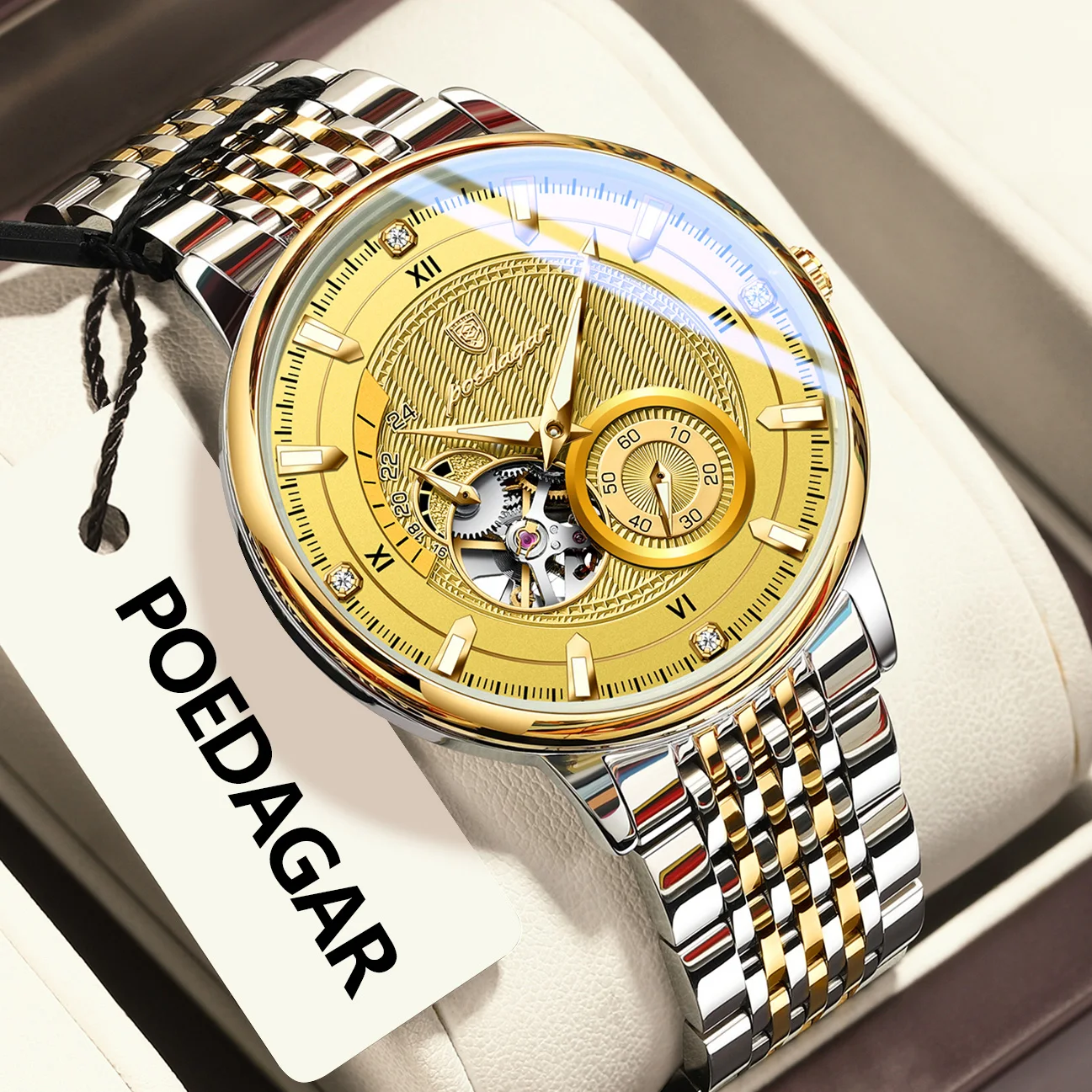 Zegarek męski automatyczny POEDAGAR z mechanizmem tourbillon i bransoletą ze stali 1416 złoto złoto