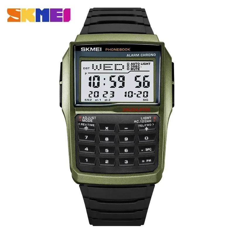Zegarek męski cyfrowy Skmei 2255 w stylu retro kalkulator Khaki