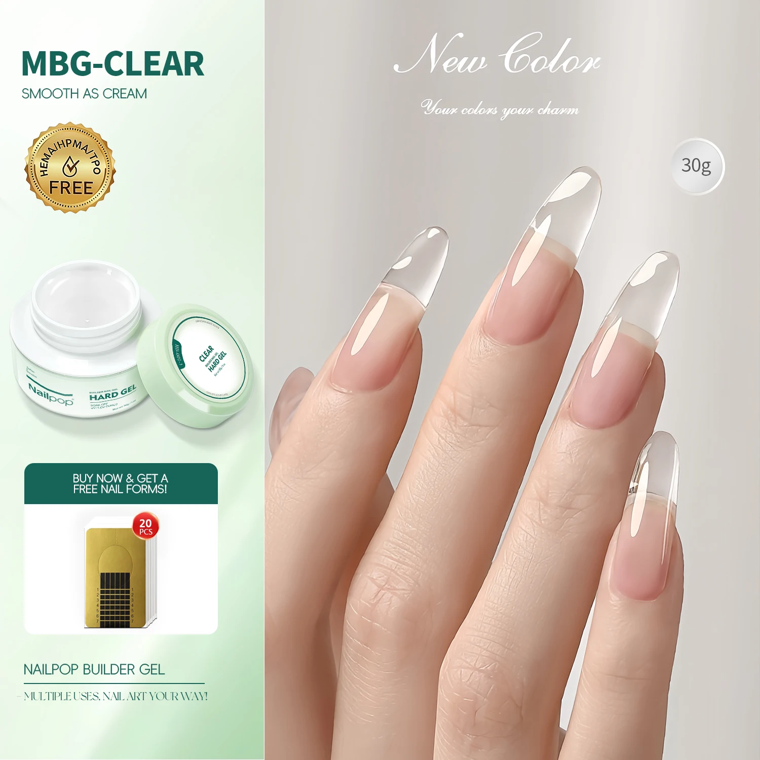 Żel budujący HEMA-FREE Nailpop 30 g do przedłużania paznokci Mbg clear