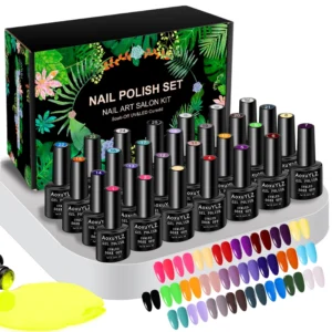 Zestaw 28 lakierów żelowych UV do paznokci z top i base coat – szkło Kolorowa gwiazda