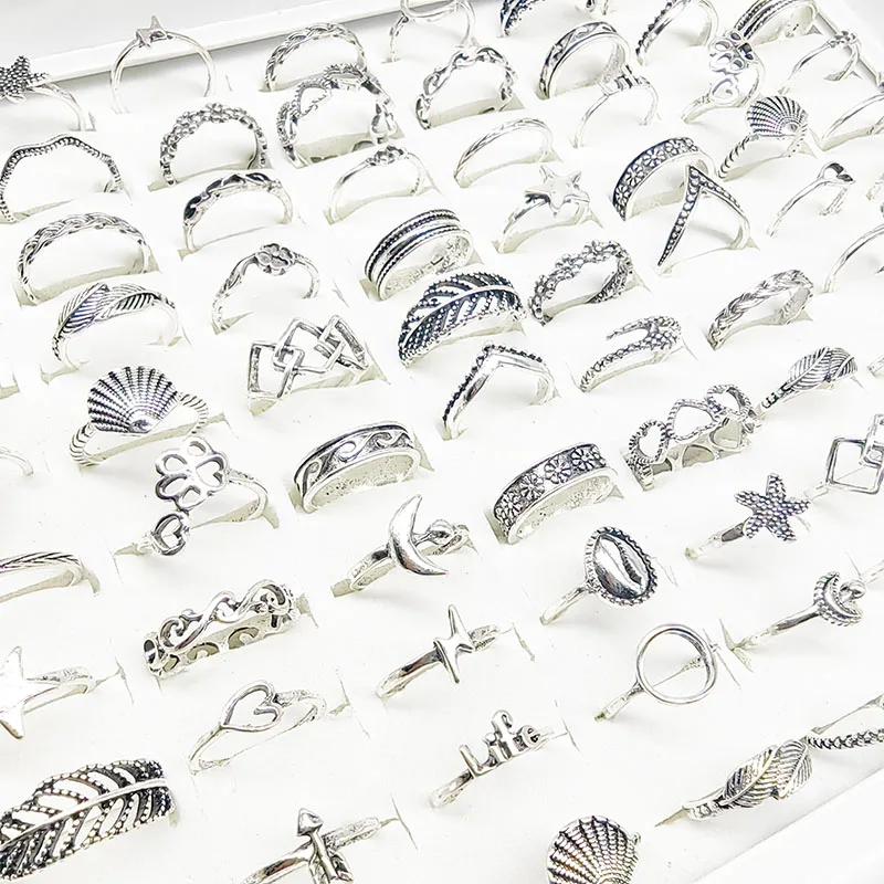 Zestaw 30 pierścionków damskich - liście, gwiazdki, muszelki 30 sztuk antycznego srebra