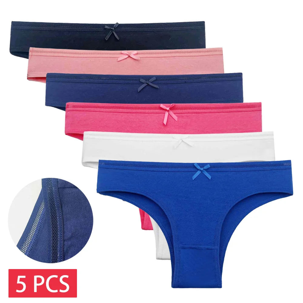 Zestaw 5 bawełnianych majtek z koronką niski stan – figi damskie M–XL Błękitny