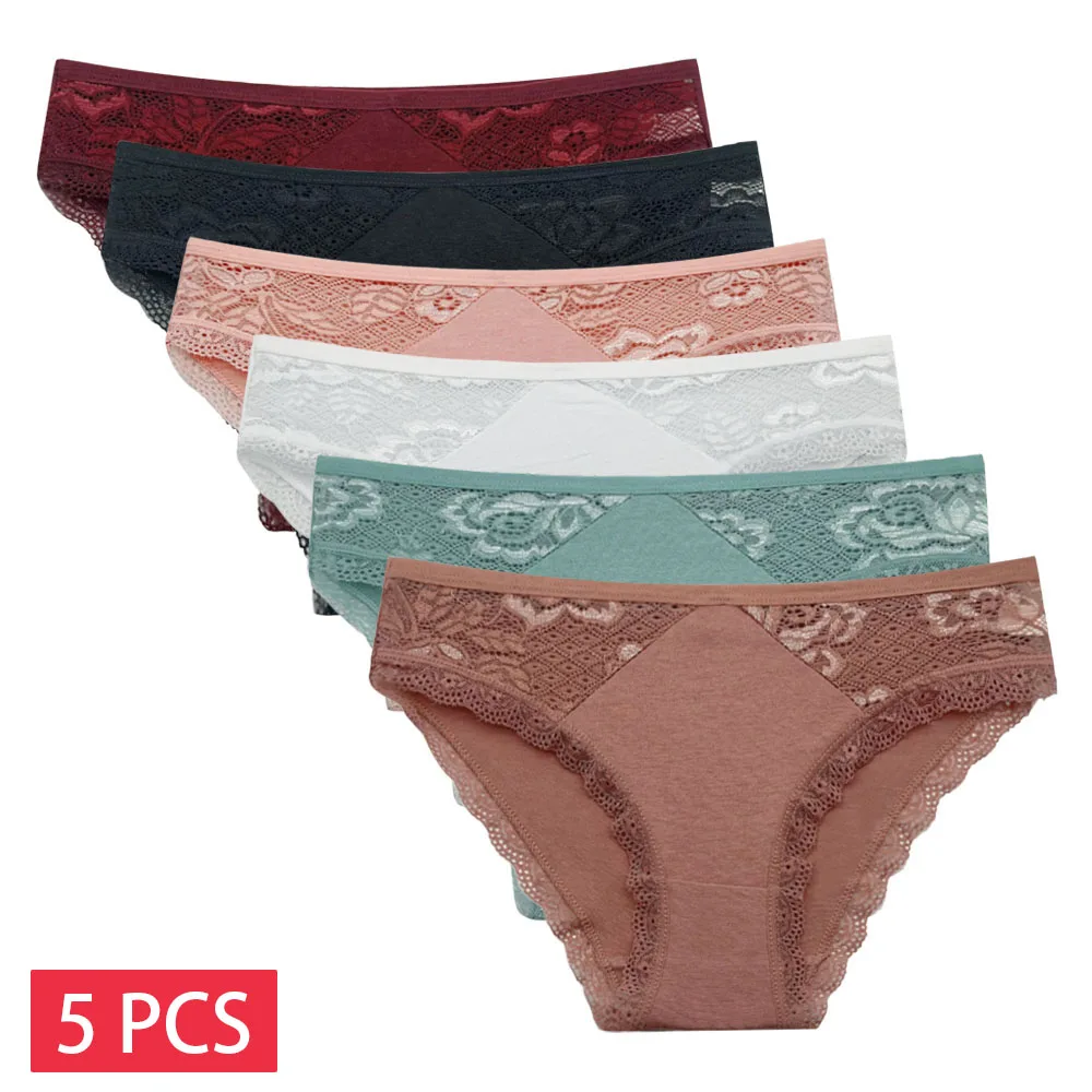 Zestaw 5 bawełnianych majtek z koronką niski stan – figi damskie M–XL Brązowy