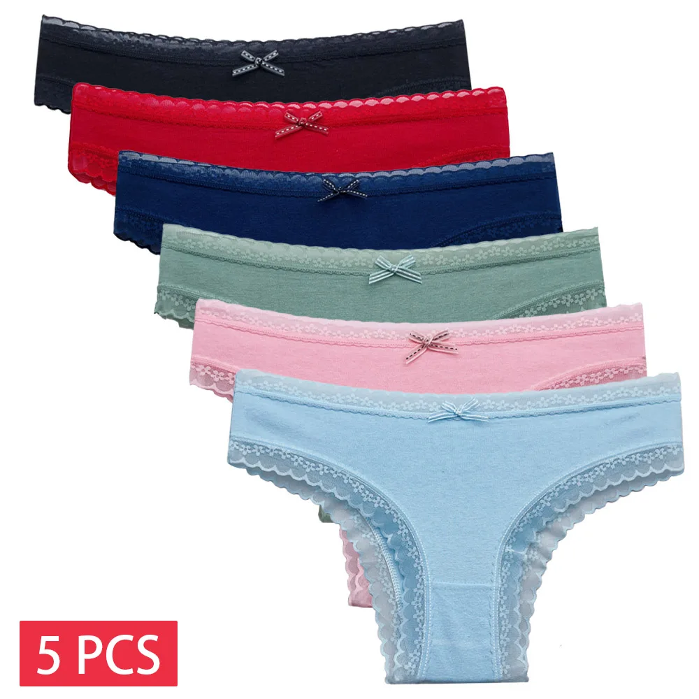 Zestaw 5 bawełnianych majtek z koronką niski stan – figi damskie M–XL Czarny