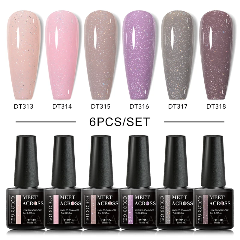 Zestaw 6 lakierów hybrydowych z brokatem i top coat mat Różowy brąz