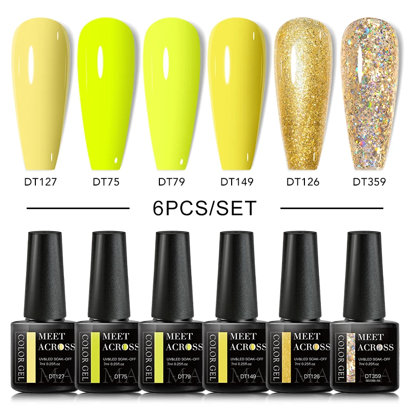 Zestaw 6 lakierów hybrydowych z brokatem i top coat mat Złoto/brąz