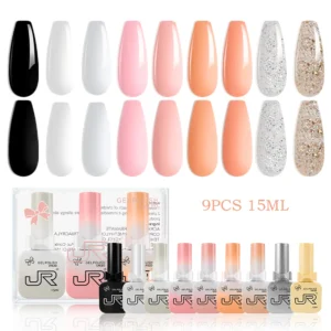 Zestaw 9 lakierów hybrydowych JR - czerwień, róż, nude 15 ml Czarny