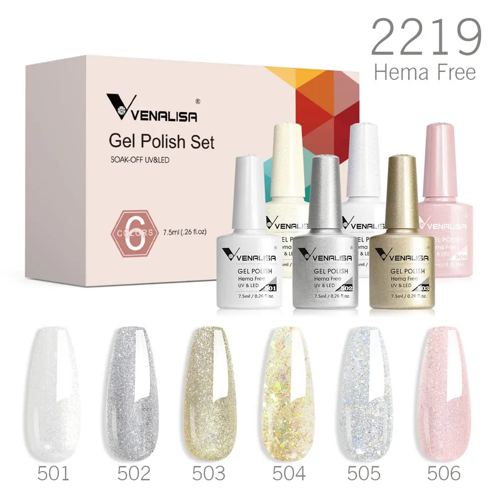 Zestaw lakierów hybrydowych Venalisa 6 szt. - galaretkowe i nude bez HEMA 2219 glitter color