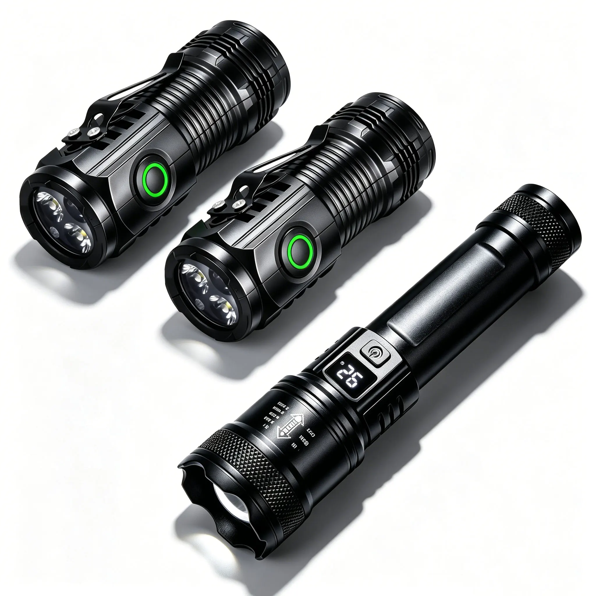 Zestaw latarki LED: mała EDC na klucze + duża z zoomem USB-C i wyświetlaczem Rgb