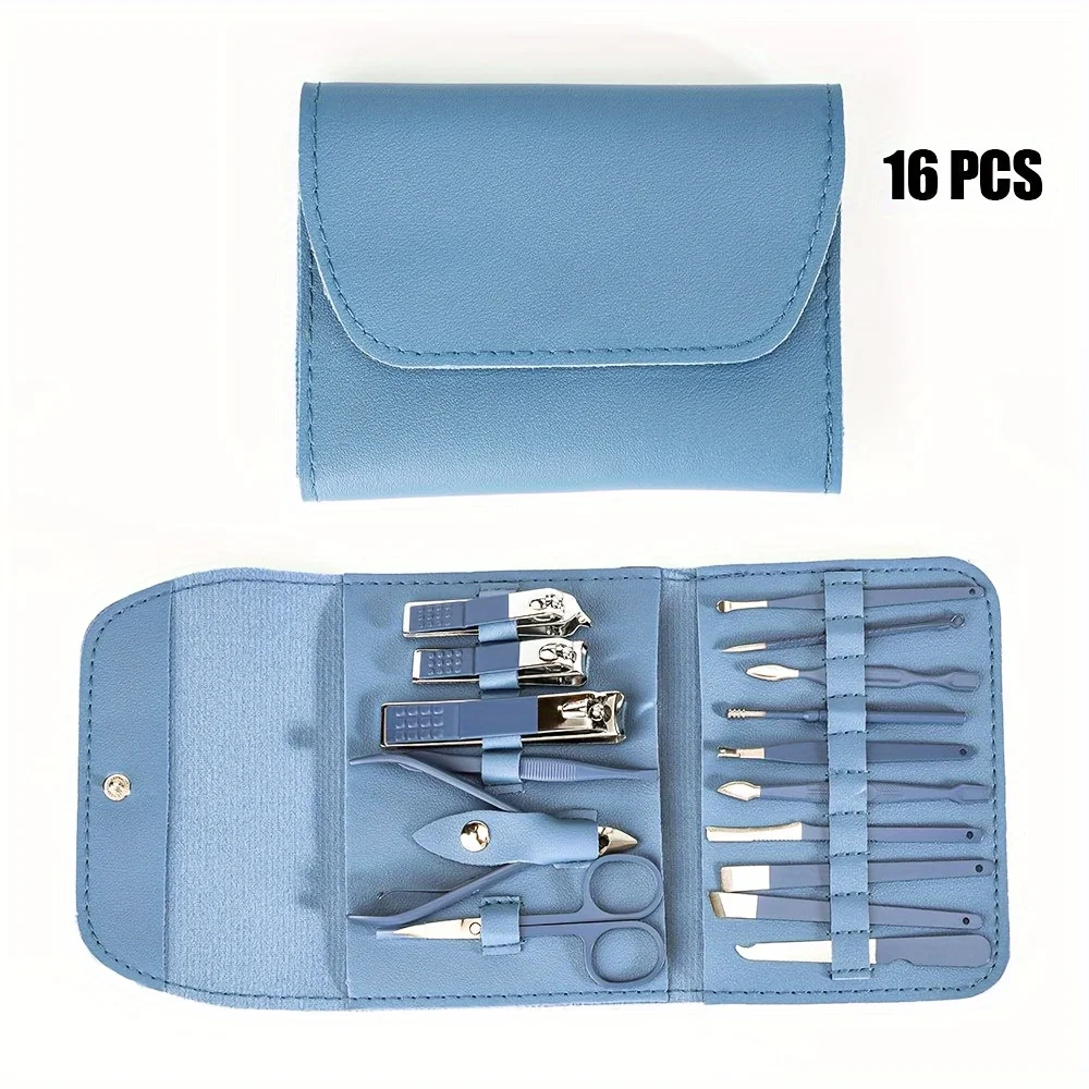 Zestaw do manicure i pedicure 16 elementów z etui podróżnym Niebieski