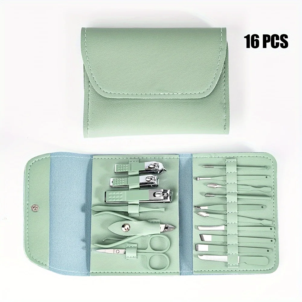 Zestaw do manicure i pedicure 16 elementów z etui podróżnym Zielony