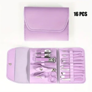 Zestaw do manicure i pedicure 16 elementów z etui podróżnym Fioletowy