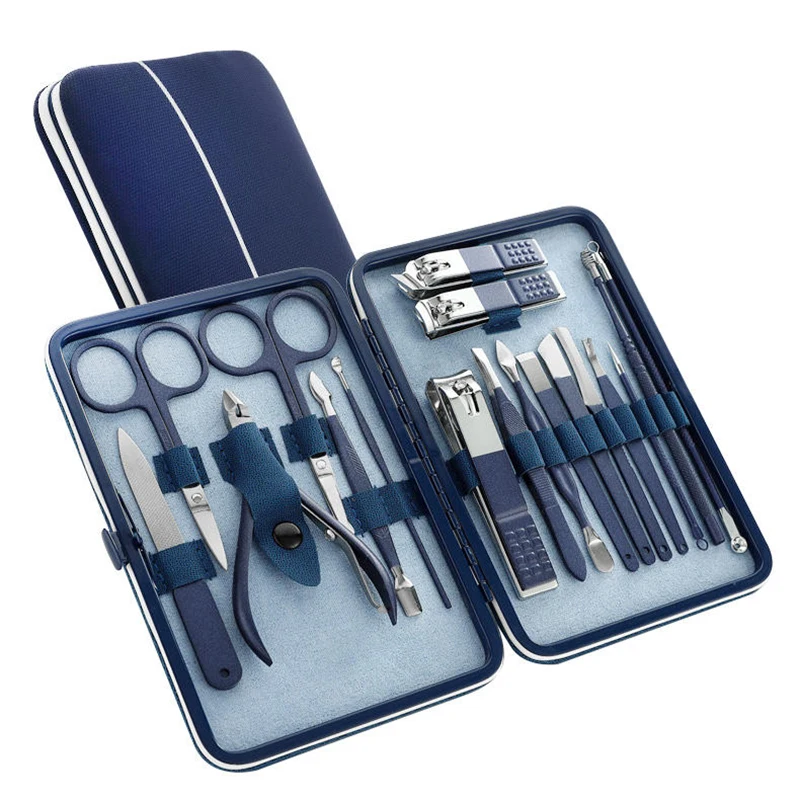 Zestaw do manicure i pedicure 19 elementów ze stali w etui Niebieski