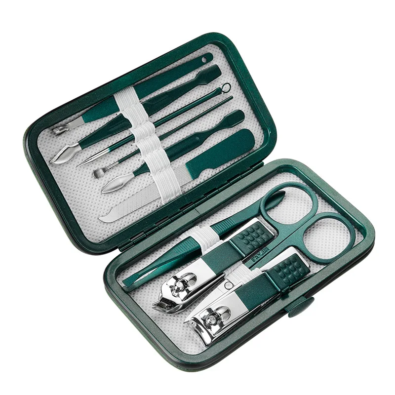 Zestaw do manicure i pedicure 19 elementów ze stali w etui Zielony