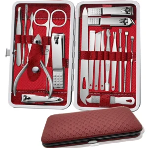 Zestaw do manicure i pedicure 19 elementów ze stali w etui Czerwony