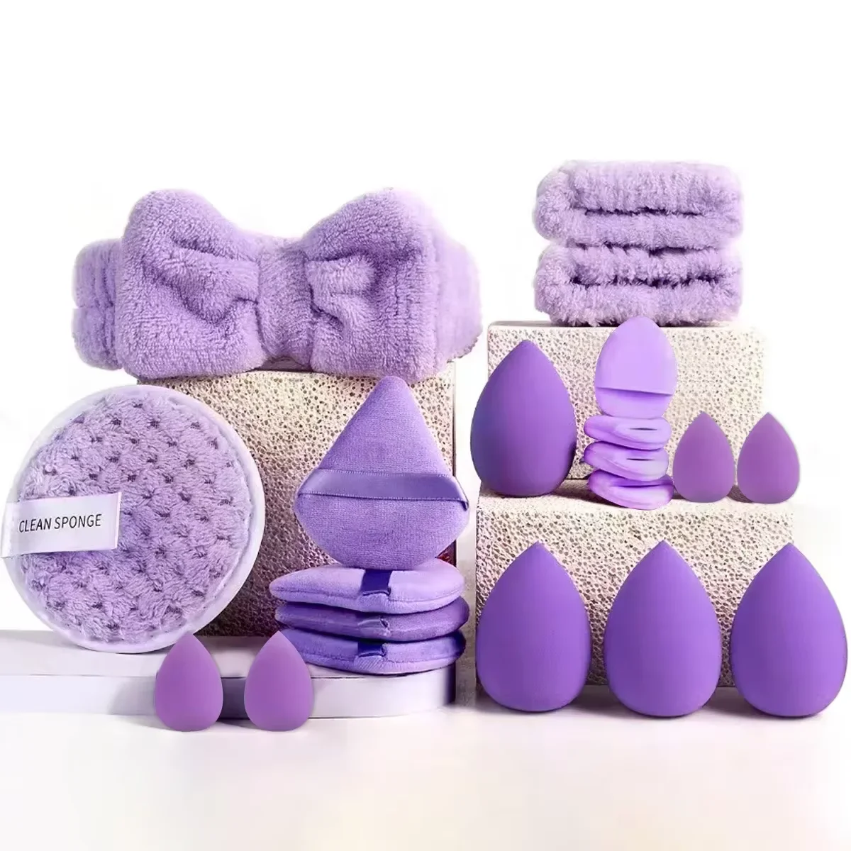 Zestaw pędzli do makijażu z gąbką beauty blender i opaską Fioletowy