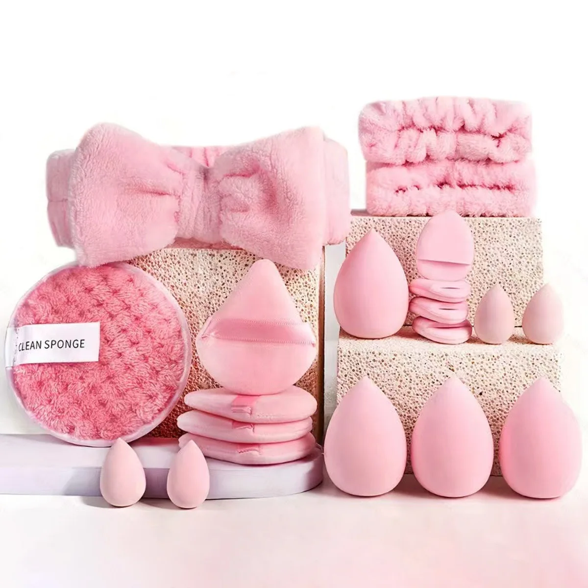Zestaw pędzli do makijażu z gąbką beauty blender i opaską 20pcs
