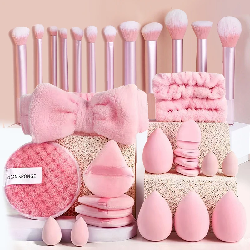 Zestaw pędzli do makijażu z gąbką beauty blender i opaską 32pcs