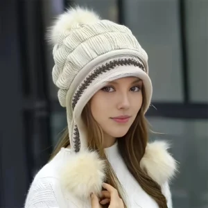 Ciepła zimowa czapka beanie z polarową podszewką i nausznikami Beżowy