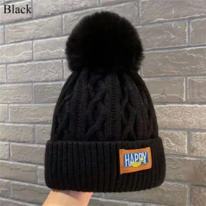 Zimowa czapka beanie z pomponem, gruba i ciepła Czarny