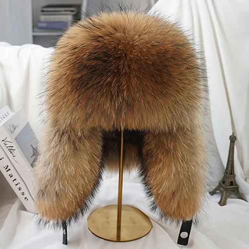 Zimowa czapka uszanka z futra lisa i szopa Raccoon fur 1