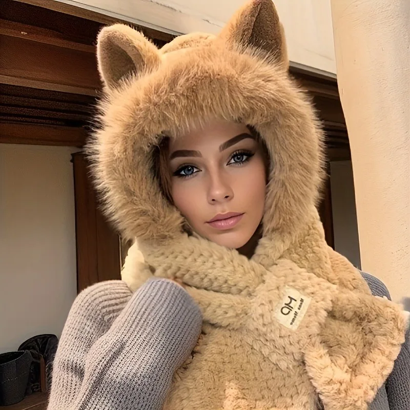 Zimowa czapka z kocimi uszkami i pomponem na polarowej podszewce Khaki